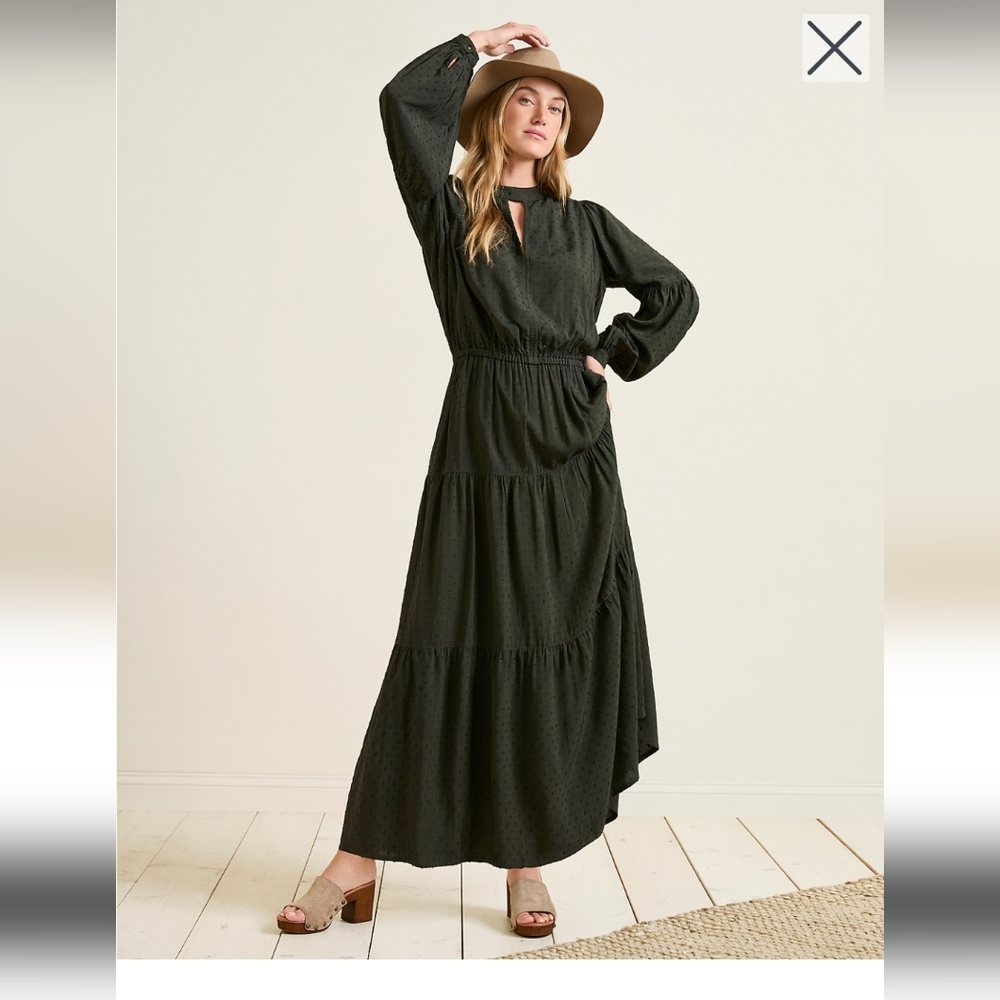 Garnet Hill Ballard Swiss-Dot Khaki Green XS Maxi Dress BOHO Style